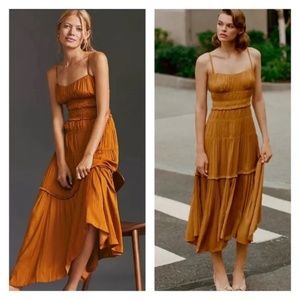 Anthropologie Silky Tiered Ruched Midi Dress Bronze / Orange NWOT